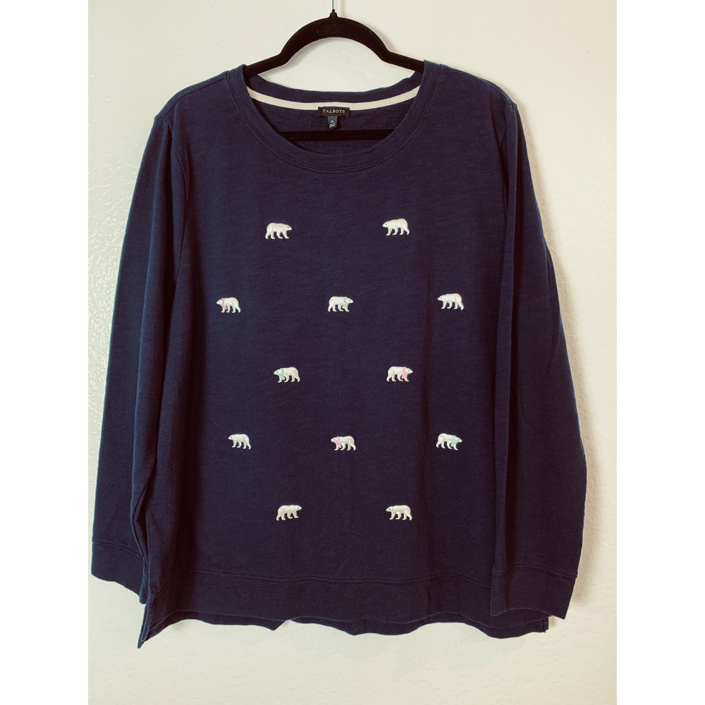 Talbots Polar Bear Sweatshirt Women XL Navy Blue Embroidered Winter Preppy